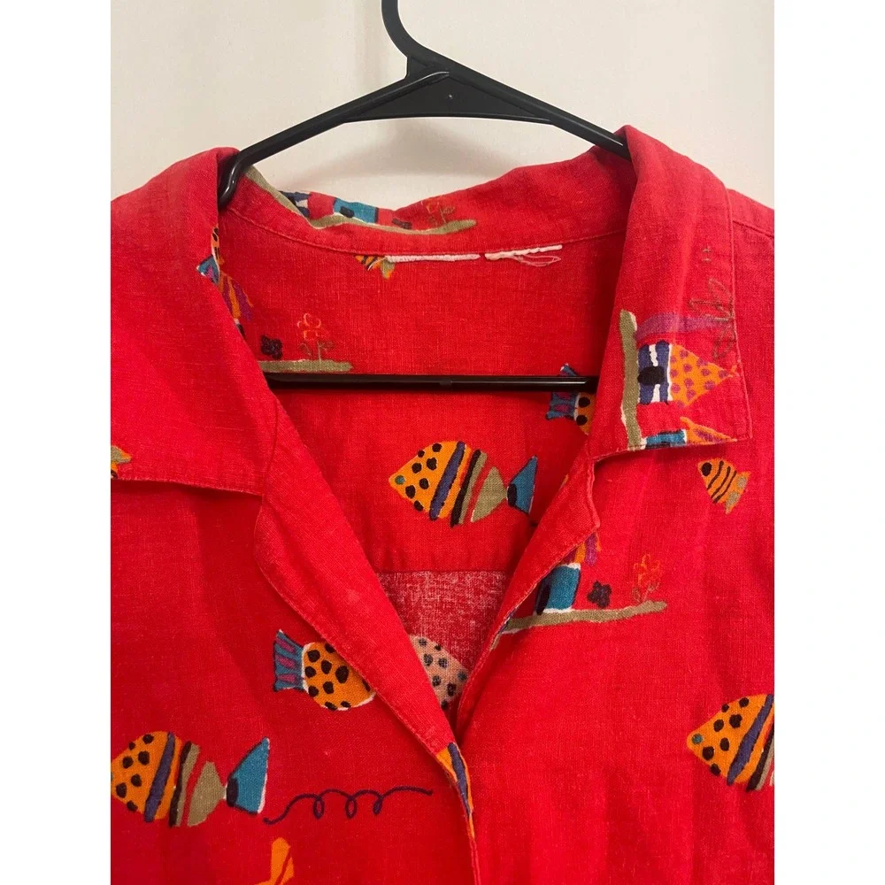 Vintage Linen Blend Fish Button Down Shirt Grandpacore Eclectic Eccentric‎